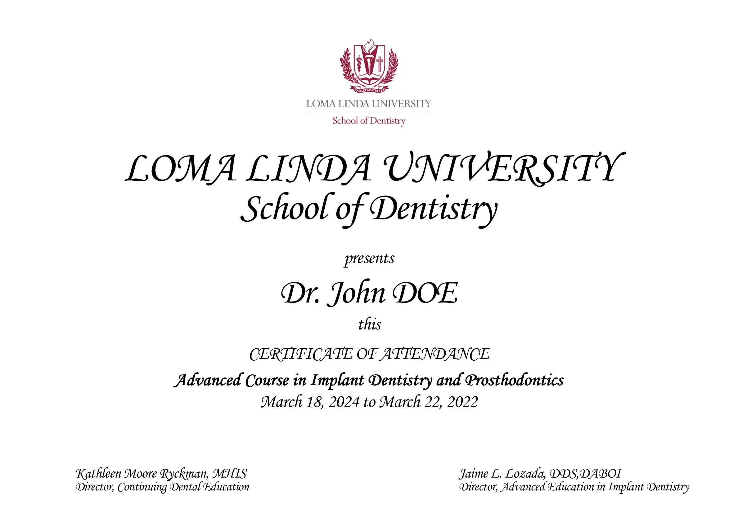 diploma Loma Linda University