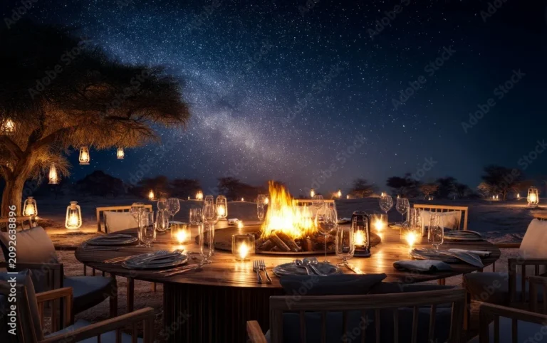 luxurious safari camp boma dinner setup under starry sky at night